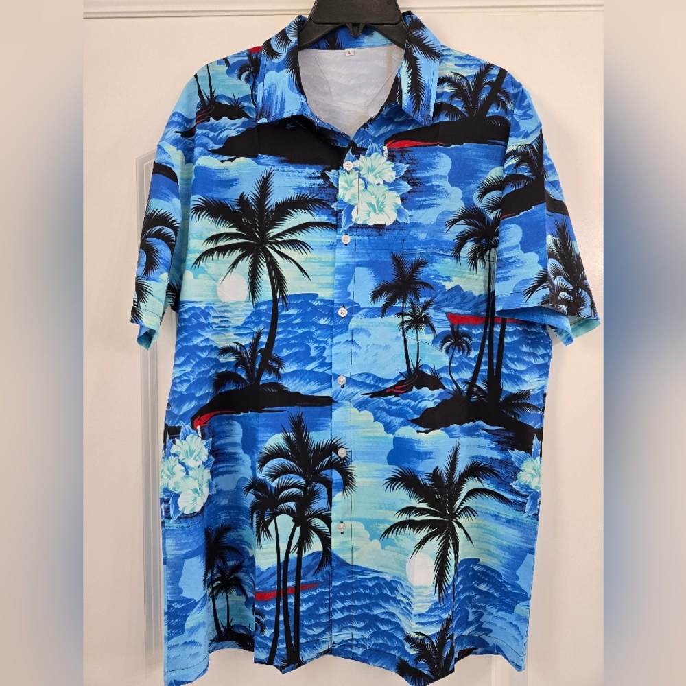 Blue Tropical Palm Hawaiian Print Shirt